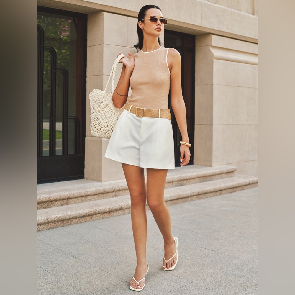 Commense Ribbed Tank Top in Tan with White Trim